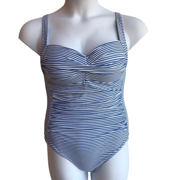 Nip Tuck One Piece Blue and White Striped Ruched Swimsuit size 12 - Picture 1 of 10